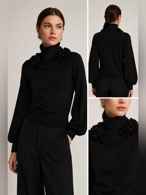 Ports 1961 Black Merino‎ Wool Embellished Turtleneck Sweater XS NWT